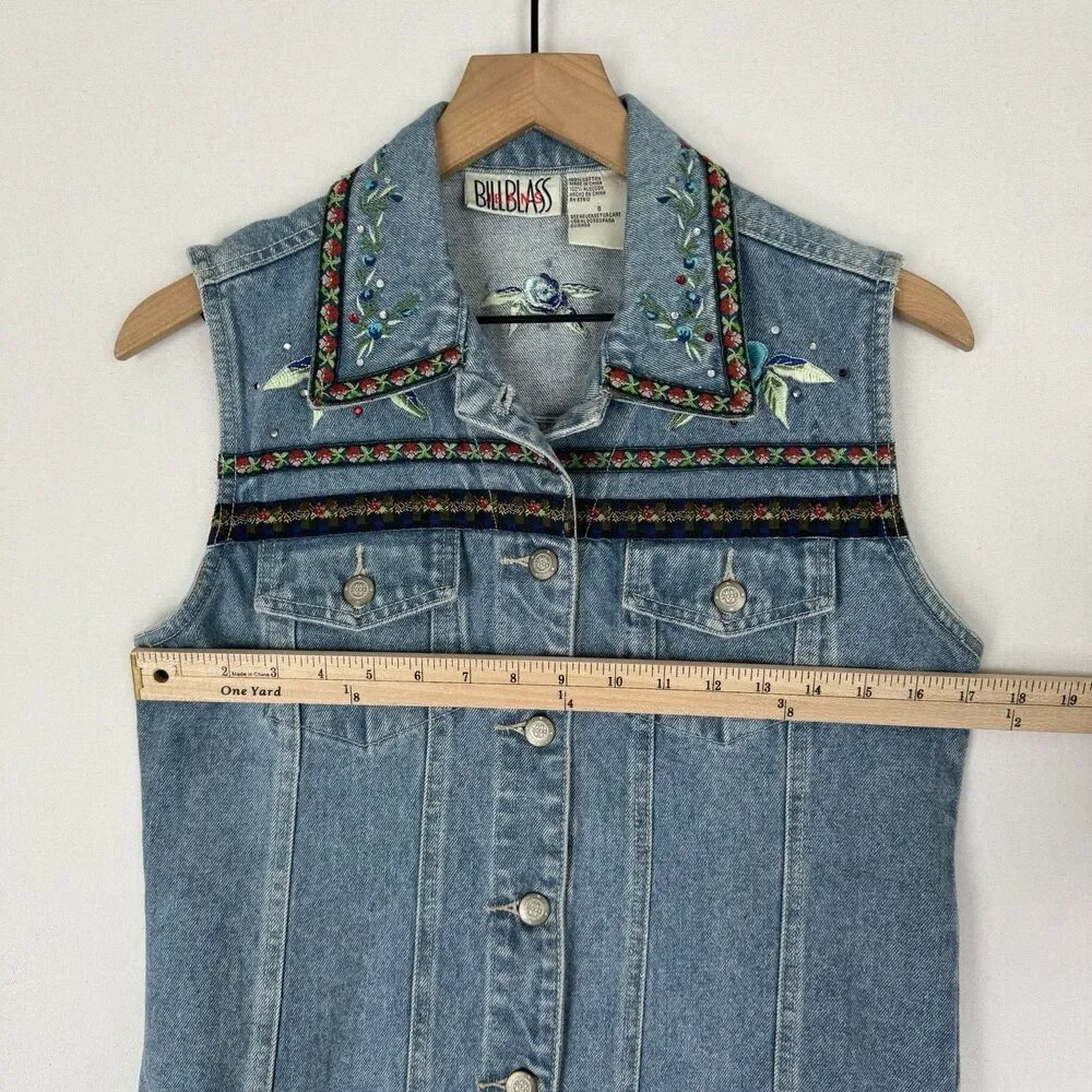Vtg Y2K Bill Blass Vest Womens Small Blue Embroidered Festival Boho Hippie Denim